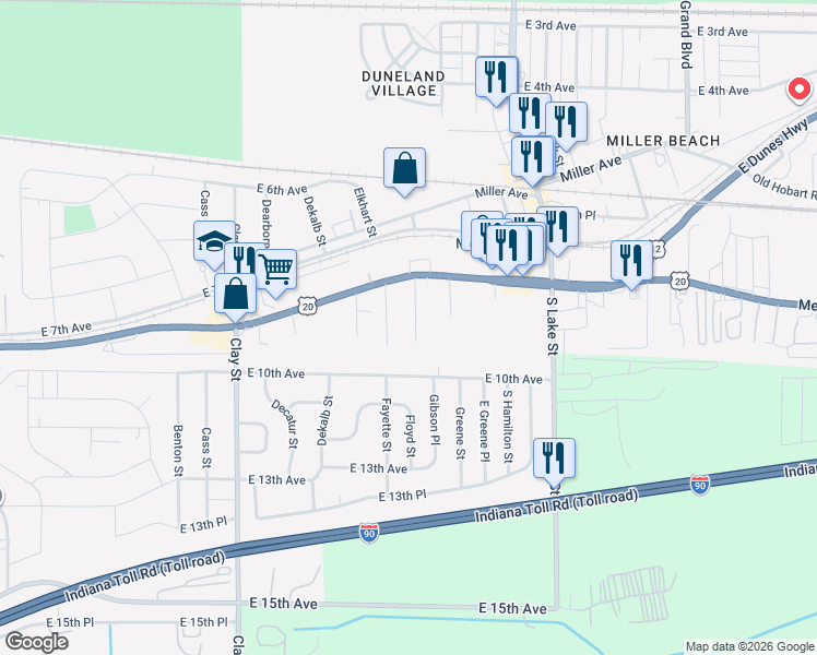 map of restaurants, bars, coffee shops, grocery stores, and more near 885 Floyd St in Gary