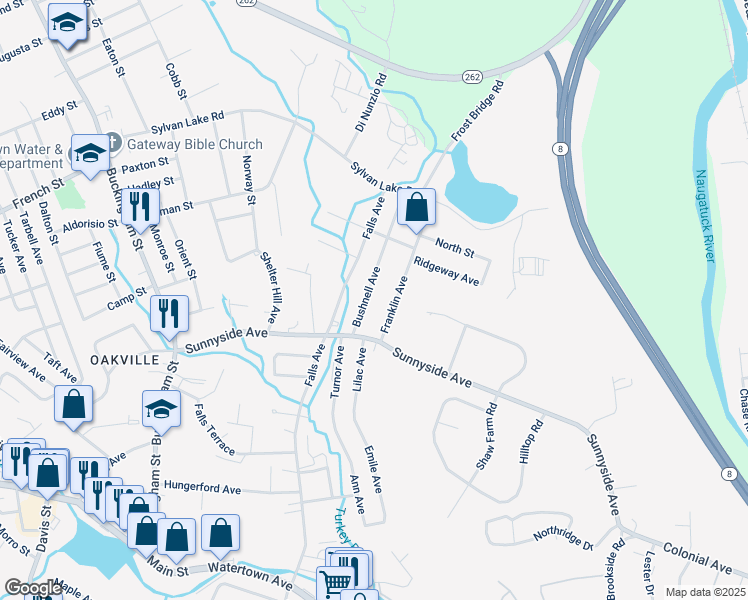 map of restaurants, bars, coffee shops, grocery stores, and more near 39 Franklin Avenue in Watertown