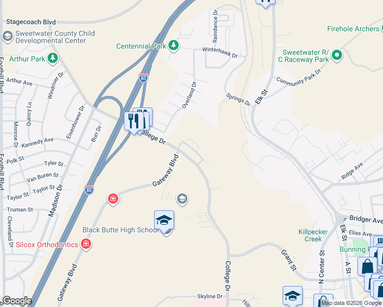 map of restaurants, bars, coffee shops, grocery stores, and more near 104 College Court in Rock Springs