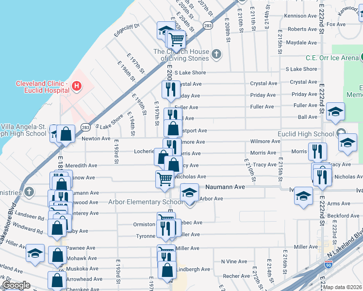 map of restaurants, bars, coffee shops, grocery stores, and more near 20301 Morris Avenue in Euclid
