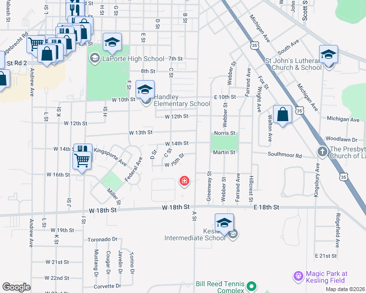 map of restaurants, bars, coffee shops, grocery stores, and more near 101-199 W 15th St in La Porte