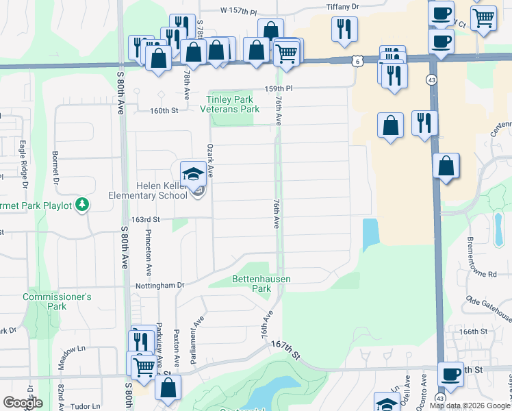 map of restaurants, bars, coffee shops, grocery stores, and more near 7632 163rd Street in Tinley Park