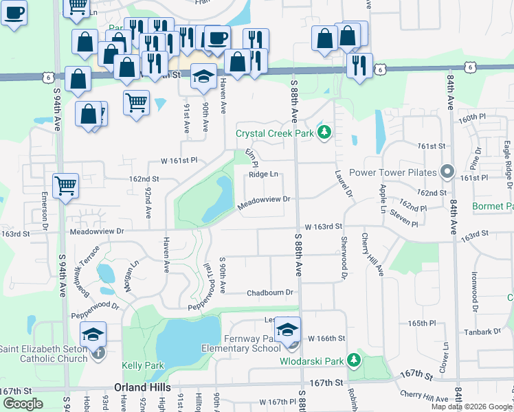 map of restaurants, bars, coffee shops, grocery stores, and more near 8900 Marshfield Lane in Orland Hills