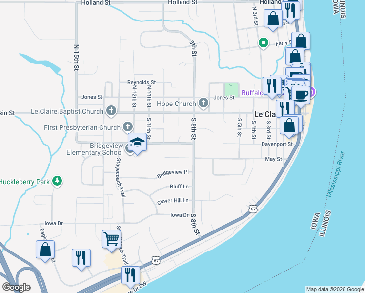 map of restaurants, bars, coffee shops, grocery stores, and more near 809 May Court in Le Claire