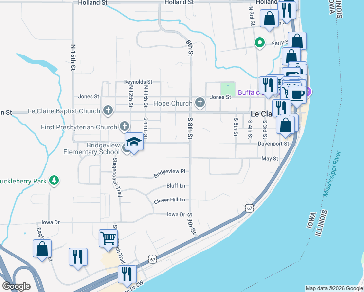 map of restaurants, bars, coffee shops, grocery stores, and more near 809 May Court in Le Claire