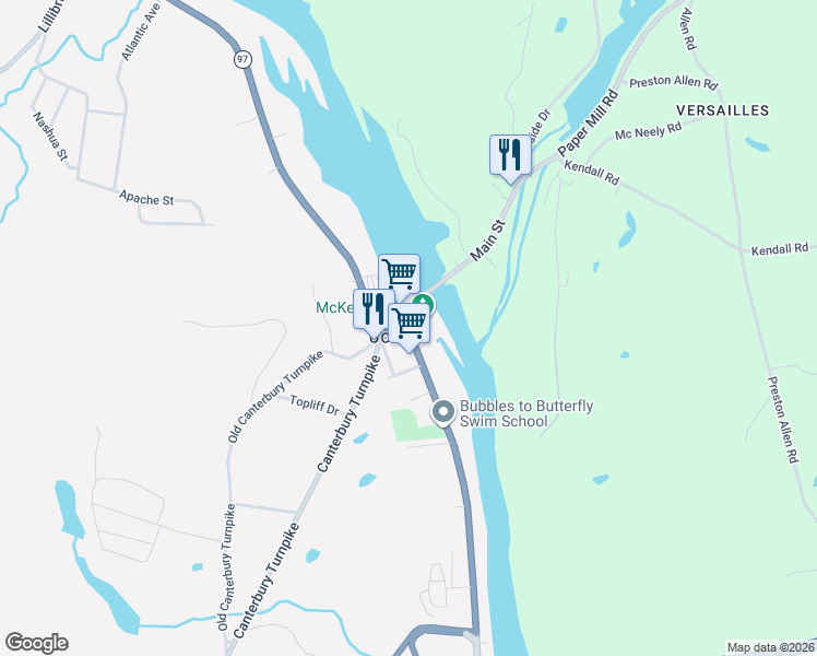 map of restaurants, bars, coffee shops, grocery stores, and more near 34 Taftville-Occum Road in Norwich