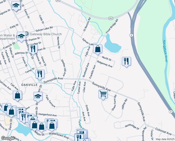 map of restaurants, bars, coffee shops, grocery stores, and more near 39 Franklin Avenue in Watertown