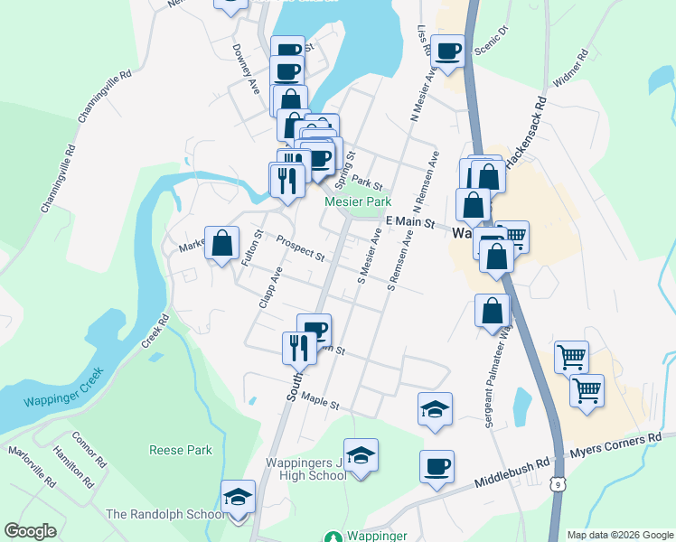 map of restaurants, bars, coffee shops, grocery stores, and more near 2598 South Avenue in Wappingers Falls
