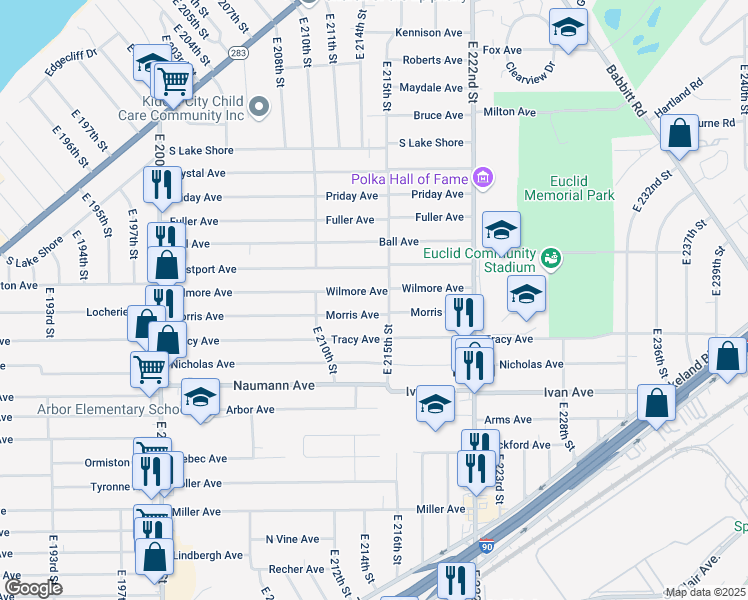 map of restaurants, bars, coffee shops, grocery stores, and more near 21401 Morris Avenue in Euclid