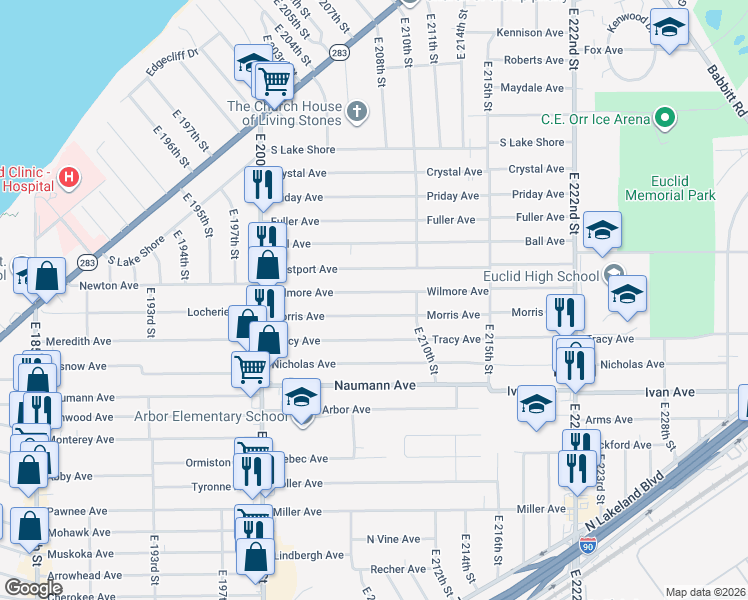 map of restaurants, bars, coffee shops, grocery stores, and more near 20751 Morris Avenue in Euclid