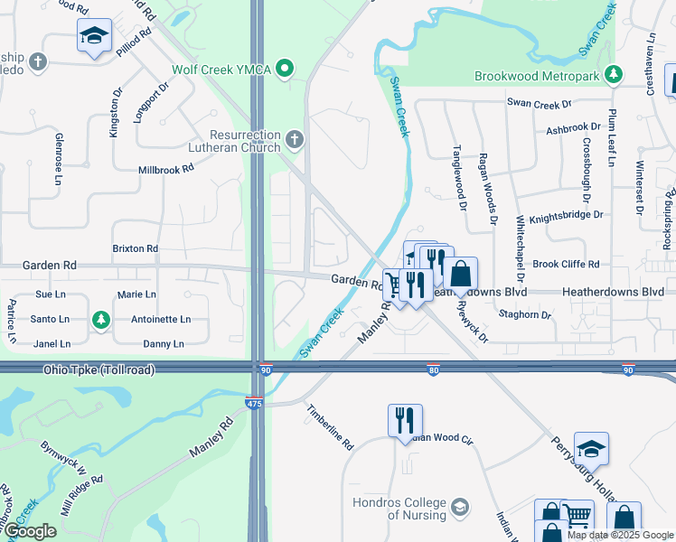 map of restaurants, bars, coffee shops, grocery stores, and more near 6153 Garden Road in Maumee