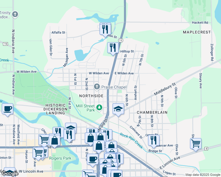 map of restaurants, bars, coffee shops, grocery stores, and more near 632 North Main Street in Goshen