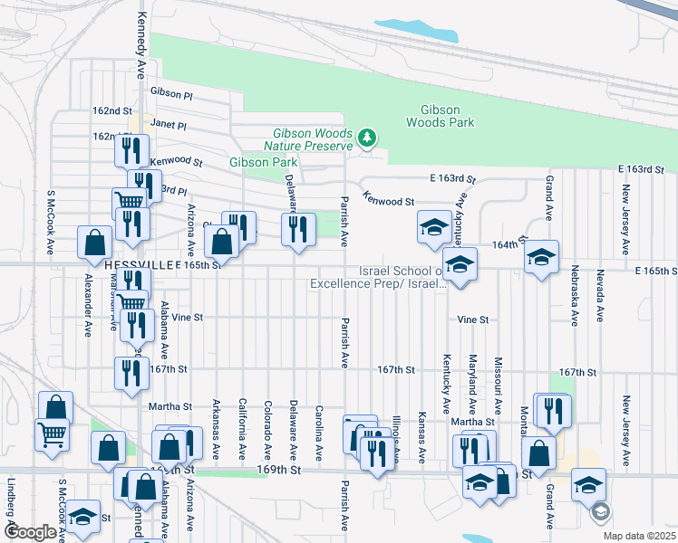 map of restaurants, bars, coffee shops, grocery stores, and more near 6515 Parrish Ave in Hammond