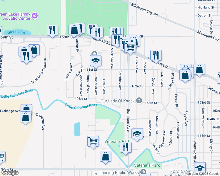 map of restaurants, bars, coffee shops, grocery stores, and more near 1361 Mackinaw Avenue in Calumet City