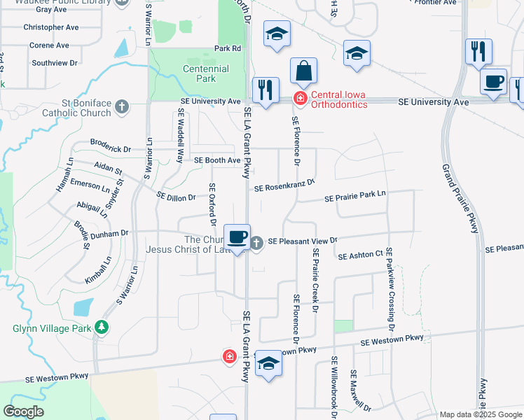 map of restaurants, bars, coffee shops, grocery stores, and more near 1720 Southeast LA Grant Parkway in Waukee