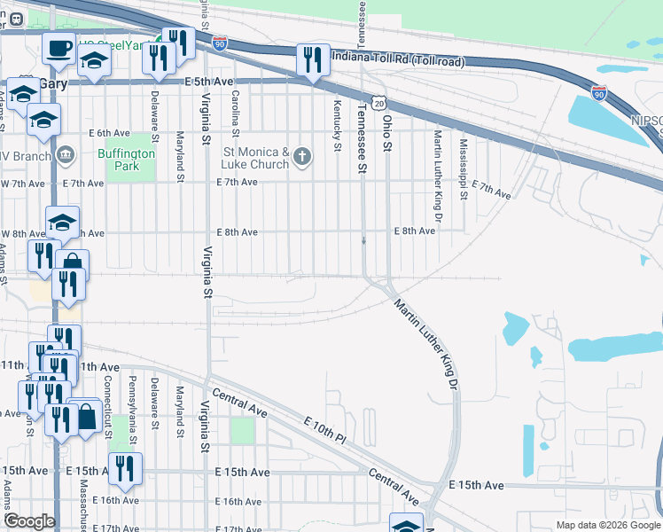 map of restaurants, bars, coffee shops, grocery stores, and more near 863 Vermont Street in Gary