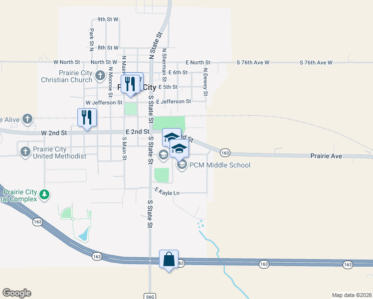 map of restaurants, bars, coffee shops, grocery stores, and more near 502 East Plainsman Road in Prairie City