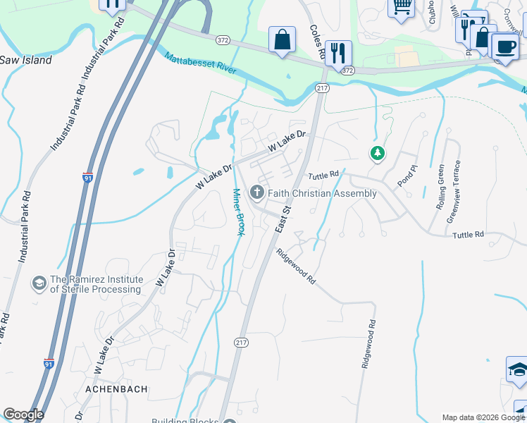 map of restaurants, bars, coffee shops, grocery stores, and more near Grandview Dr & Town Brooke in Middletown