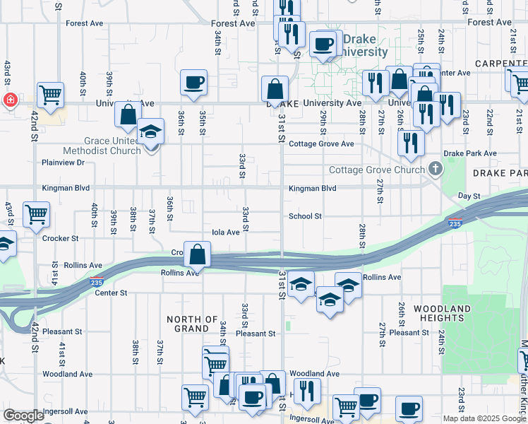 map of restaurants, bars, coffee shops, grocery stores, and more near 3200 School Street in Des Moines