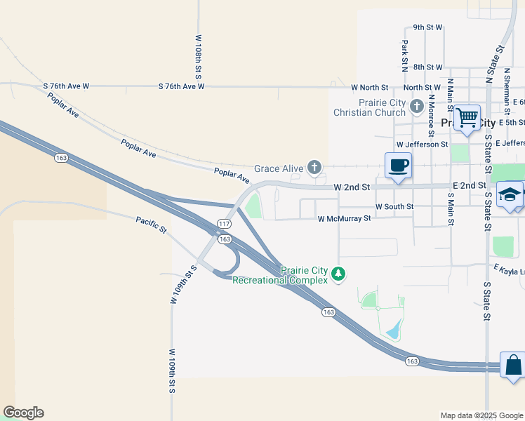 map of restaurants, bars, coffee shops, grocery stores, and more near 205 South Prairie Drive in Prairie City