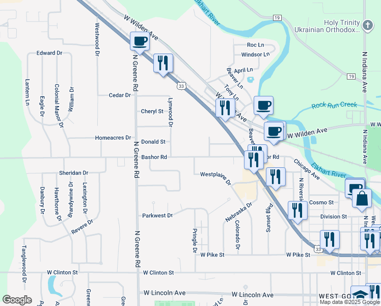 map of restaurants, bars, coffee shops, grocery stores, and more near 1823 Bashor Road in Goshen