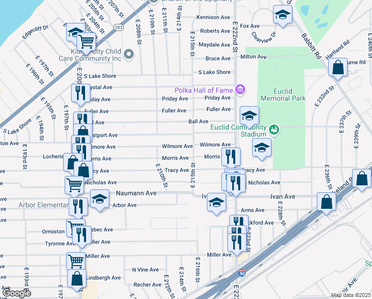 map of restaurants, bars, coffee shops, grocery stores, and more near 21401 Morris Avenue in Euclid
