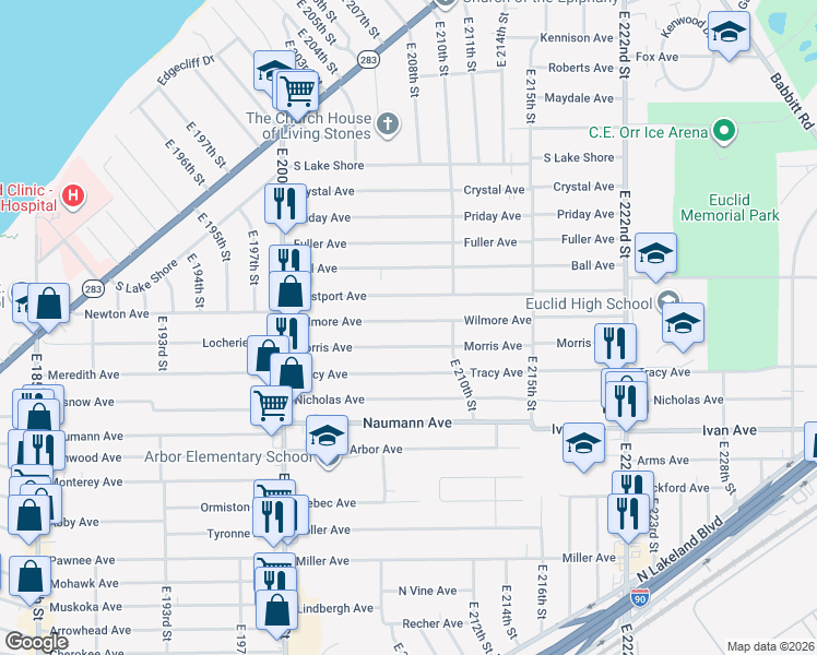 map of restaurants, bars, coffee shops, grocery stores, and more near 20751 Morris Avenue in Euclid