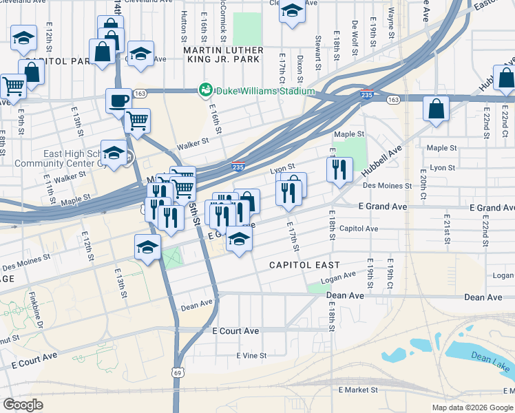map of restaurants, bars, coffee shops, grocery stores, and more near 1623 Des Moines Street in Des Moines