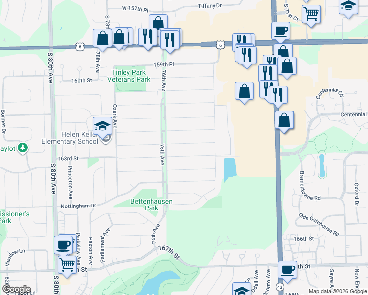 map of restaurants, bars, coffee shops, grocery stores, and more near 7528 163rd Street in Tinley Park