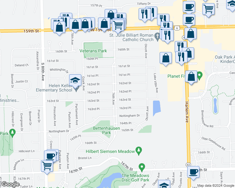 map of restaurants, bars, coffee shops, grocery stores, and more near 16235 76th Avenue in Tinley Park