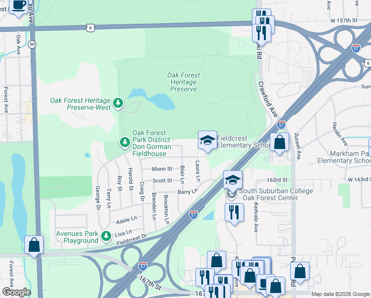 map of restaurants, bars, coffee shops, grocery stores, and more near 16425 Blair Lane in Oak Forest