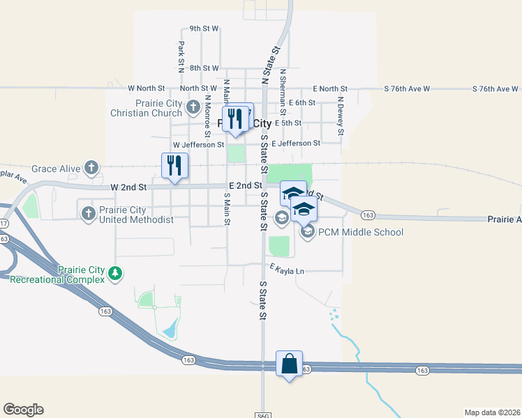 map of restaurants, bars, coffee shops, grocery stores, and more near 405 South State Street in Prairie City