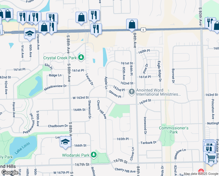 map of restaurants, bars, coffee shops, grocery stores, and more near 8411 162nd Place in Tinley Park
