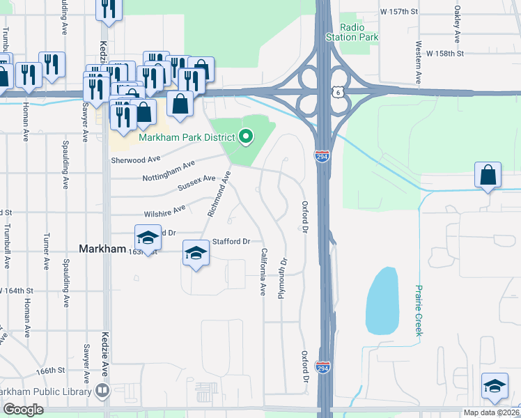 map of restaurants, bars, coffee shops, grocery stores, and more near 16228 Sussex Avenue in Markham