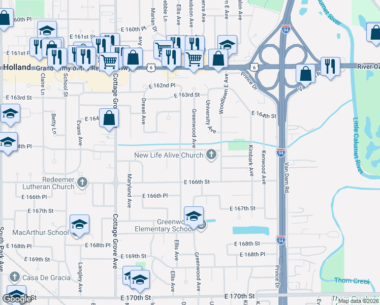 map of restaurants, bars, coffee shops, grocery stores, and more near 16519 Greenwood Avenue in South Holland