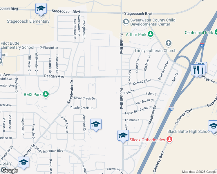 map of restaurants, bars, coffee shops, grocery stores, and more near 2226 Reagan Avenue in Rock Springs
