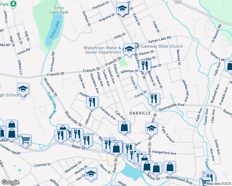 map of restaurants, bars, coffee shops, grocery stores, and more near 68 Tucker Avenue in Watertown