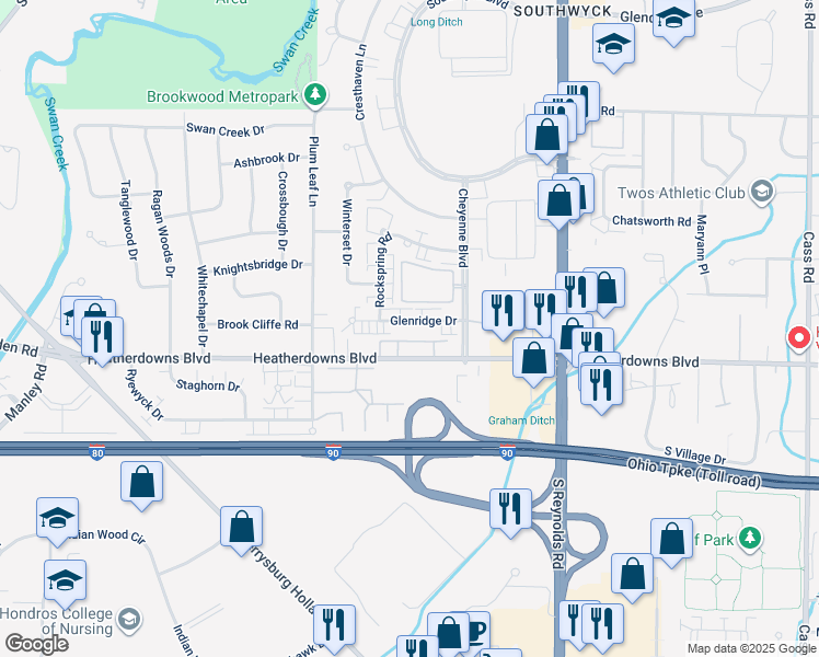 map of restaurants, bars, coffee shops, grocery stores, and more near 5416 Heatherdowns Boulevard in Toledo