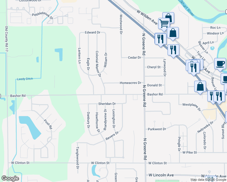 map of restaurants, bars, coffee shops, grocery stores, and more near 2110 Bashor Road in Goshen