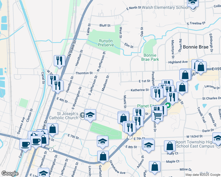 map of restaurants, bars, coffee shops, grocery stores, and more near Heritage Lane in Lockport