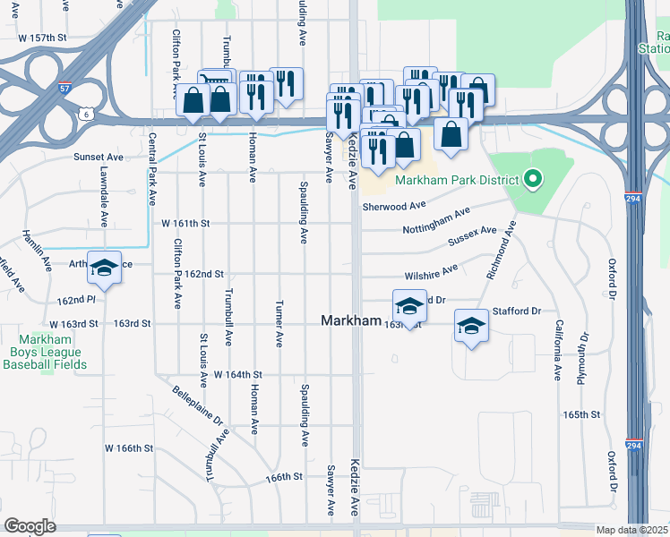map of restaurants, bars, coffee shops, grocery stores, and more near 3216 West 162nd Street in Markham