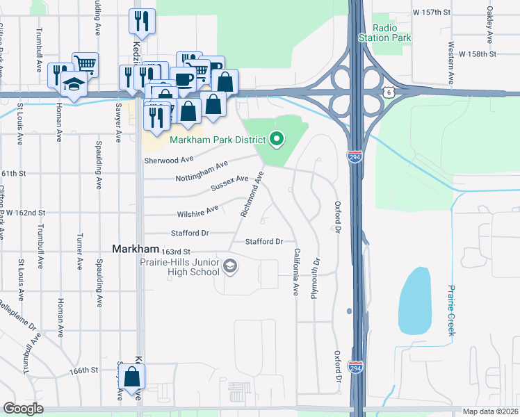 map of restaurants, bars, coffee shops, grocery stores, and more near 16218 Sussex Court in Markham