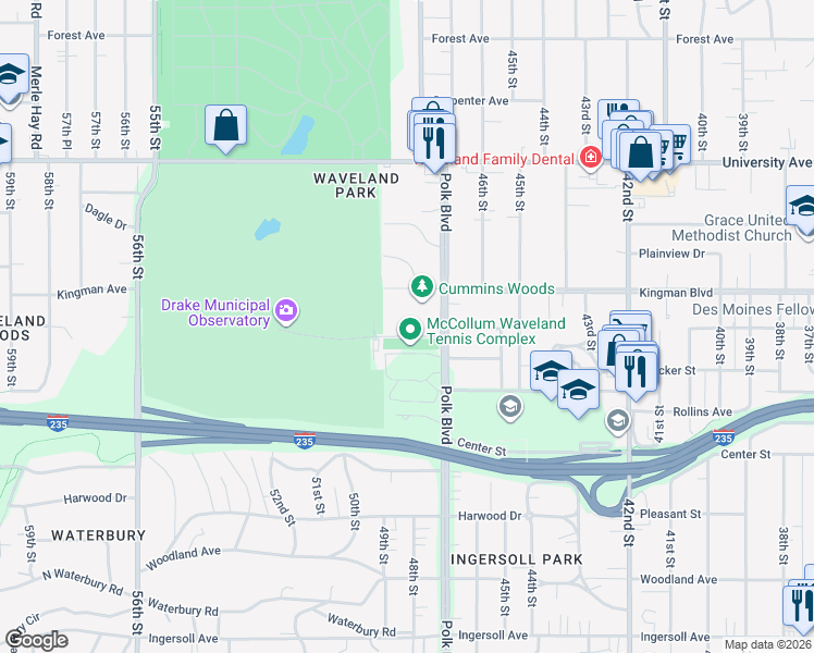map of restaurants, bars, coffee shops, grocery stores, and more near 4711 Observatory Road in Des Moines