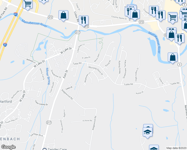 map of restaurants, bars, coffee shops, grocery stores, and more near 15 Mulberry Lane in Middletown
