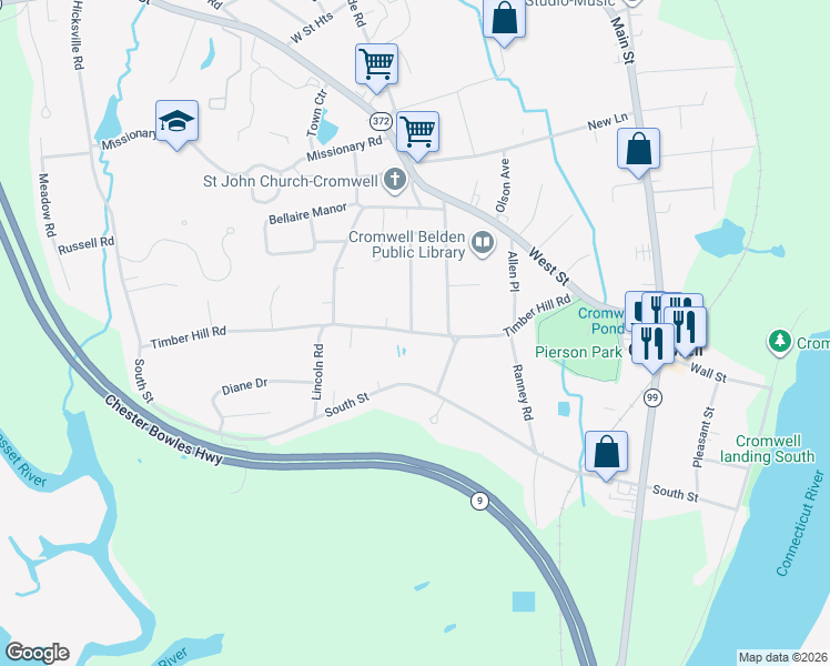 map of restaurants, bars, coffee shops, grocery stores, and more near 29 Timber Hill Road in Cromwell
