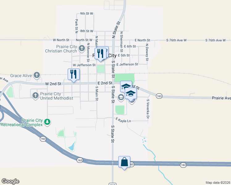 map of restaurants, bars, coffee shops, grocery stores, and more near 405 South State Street in Prairie City