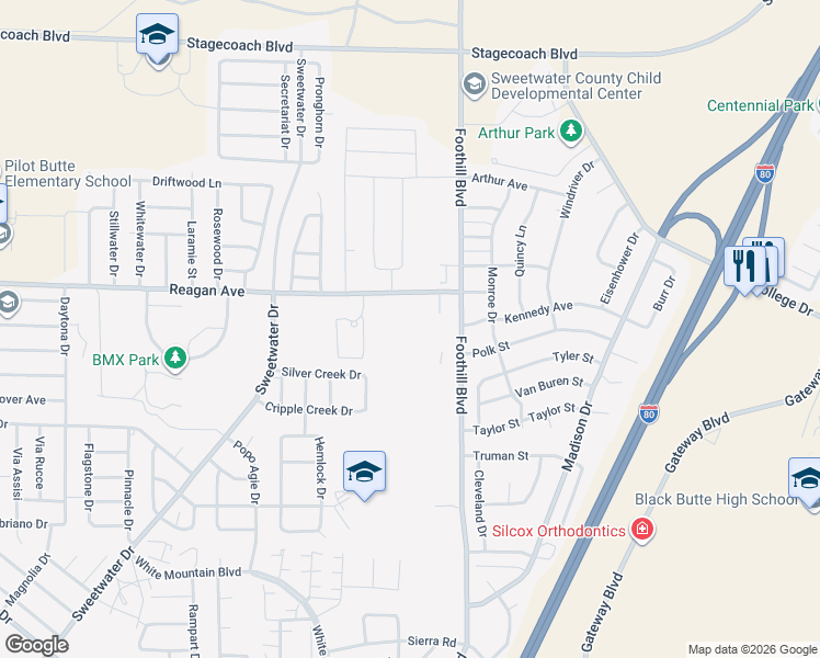 map of restaurants, bars, coffee shops, grocery stores, and more near 2226 Reagan Avenue in Rock Springs