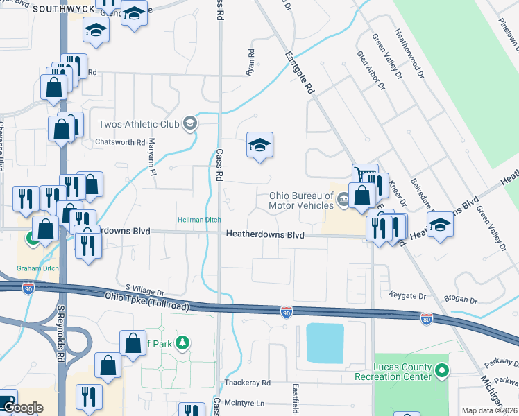 map of restaurants, bars, coffee shops, grocery stores, and more near 4659 South Park Lane in Toledo