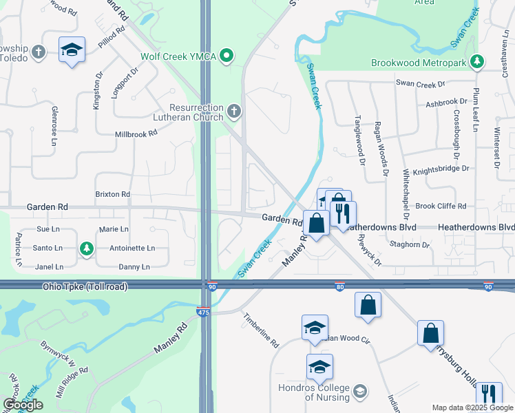 map of restaurants, bars, coffee shops, grocery stores, and more near 6153 Garden Road in Maumee