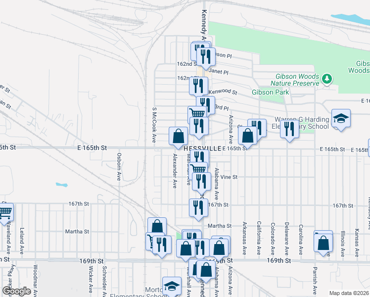 map of restaurants, bars, coffee shops, grocery stores, and more near 6517 Alexander Avenue in Hammond